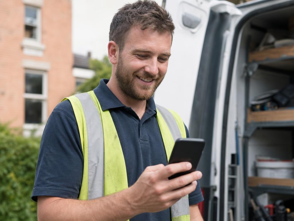 Business owner smiling at a new enquiry email on their phone
