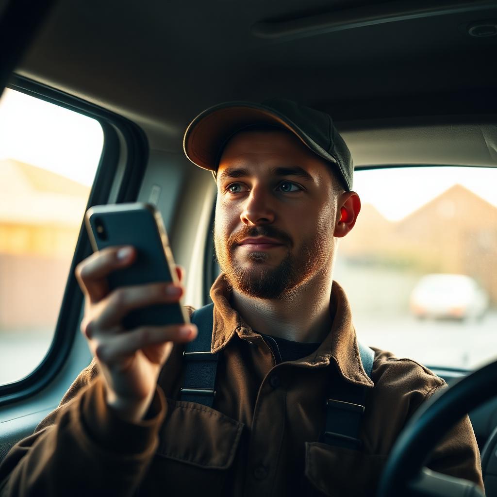 Tradesperson in a work van glancing at a ringing mobile phone