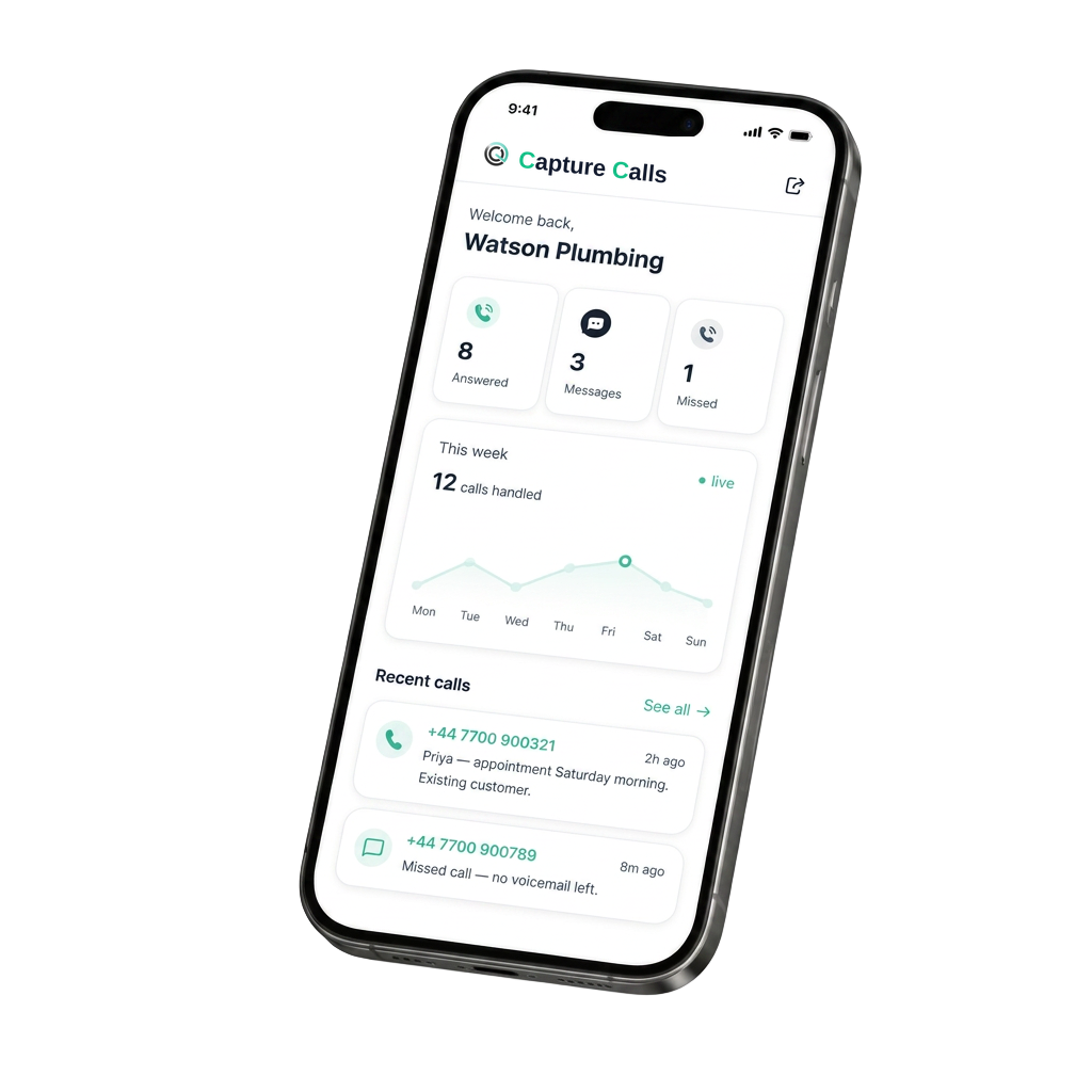Capture Calls AI receptionist dashboard for UK businesses shown on a mobile phone